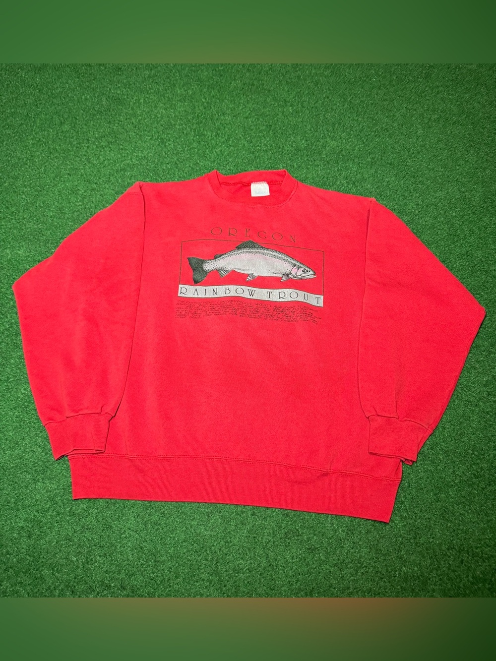Rainbow Trout Fish Graphic Sweatshirt Vintage 90s Tultex L/XL 25x27 Red Crewneck